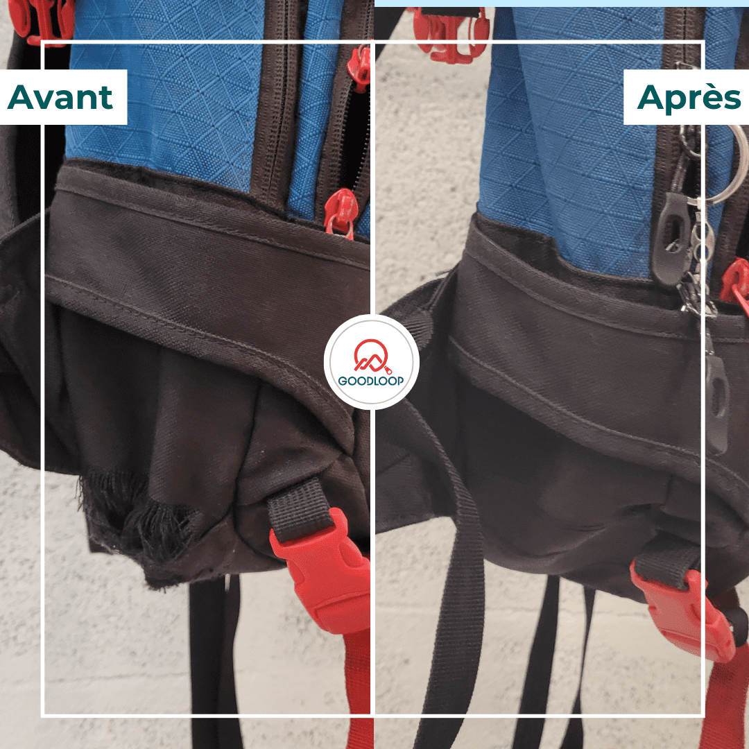 Photo avant-après de la réparation d'un sac Dakine par Goodloop