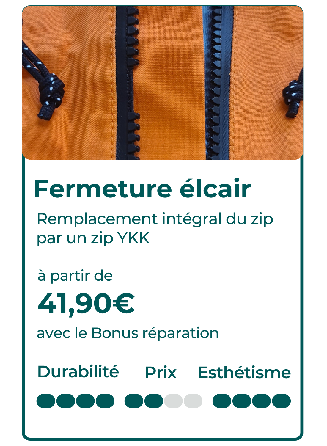 Fiche technique présentant le remplacement complet d’une fermeture éclair par un zip YKK, avec un tarif à partir de 41,90 € et les critères d’esthétisme, de prix et de durabilité.