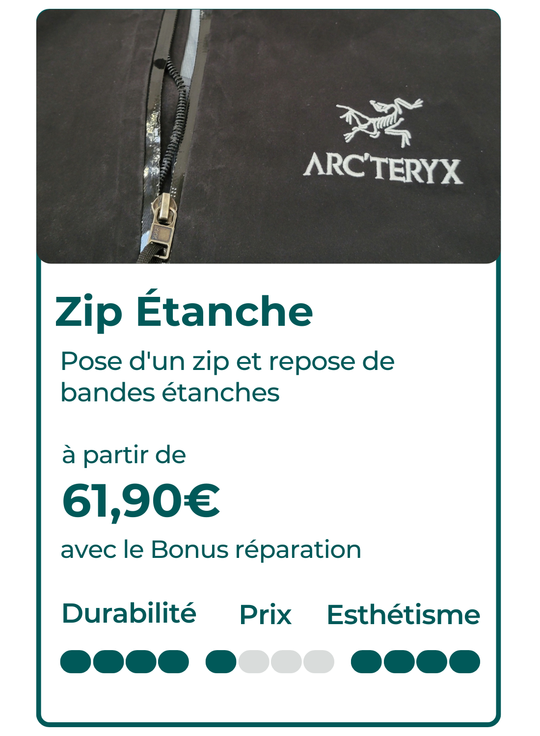 Fiche technique détaillant la pose d’un zip étanche avec repose des bandes étanches, tarif à partir de 61,90 € et critères d’esthétisme, de prix et de durabilité.