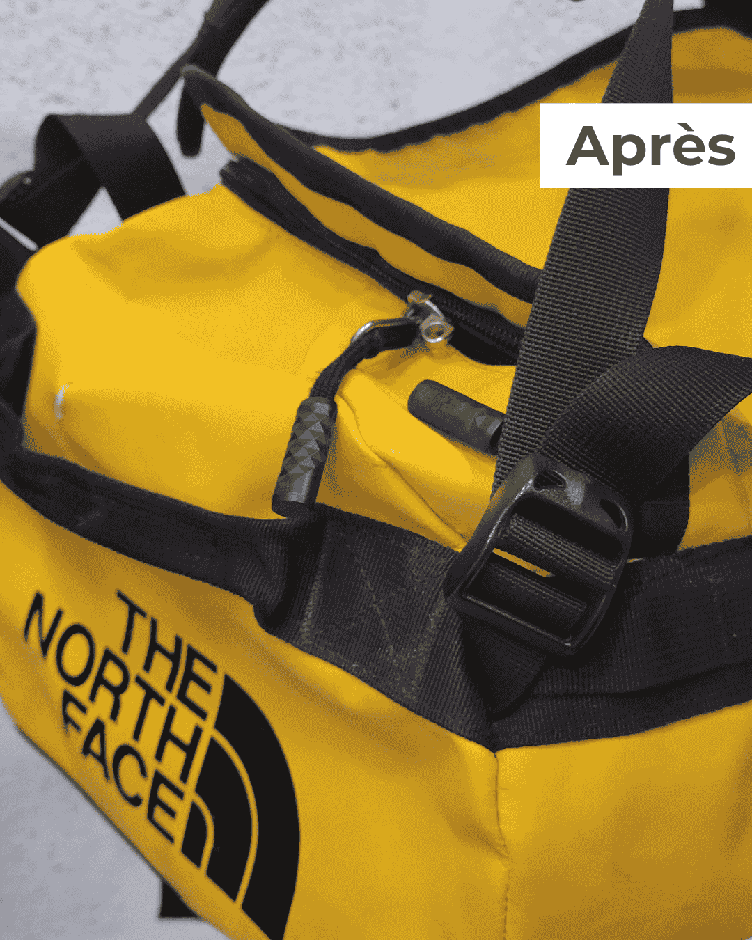 Remplacement complet de la fermeture éclair étanche sur un sac Duffel The North Face après réparation.