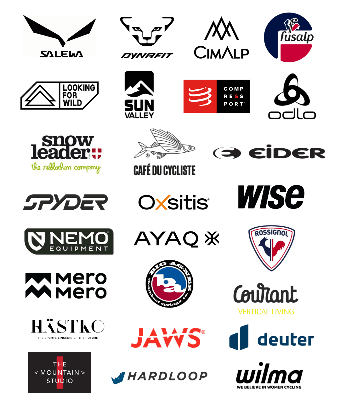 Bandeau affichant les logos des marques partenaires de vêtements techniques comme Fusalp, Salewa, Dynafit, Cimalp et Wise qui confient leurs réparations à l'atelier Goodloop