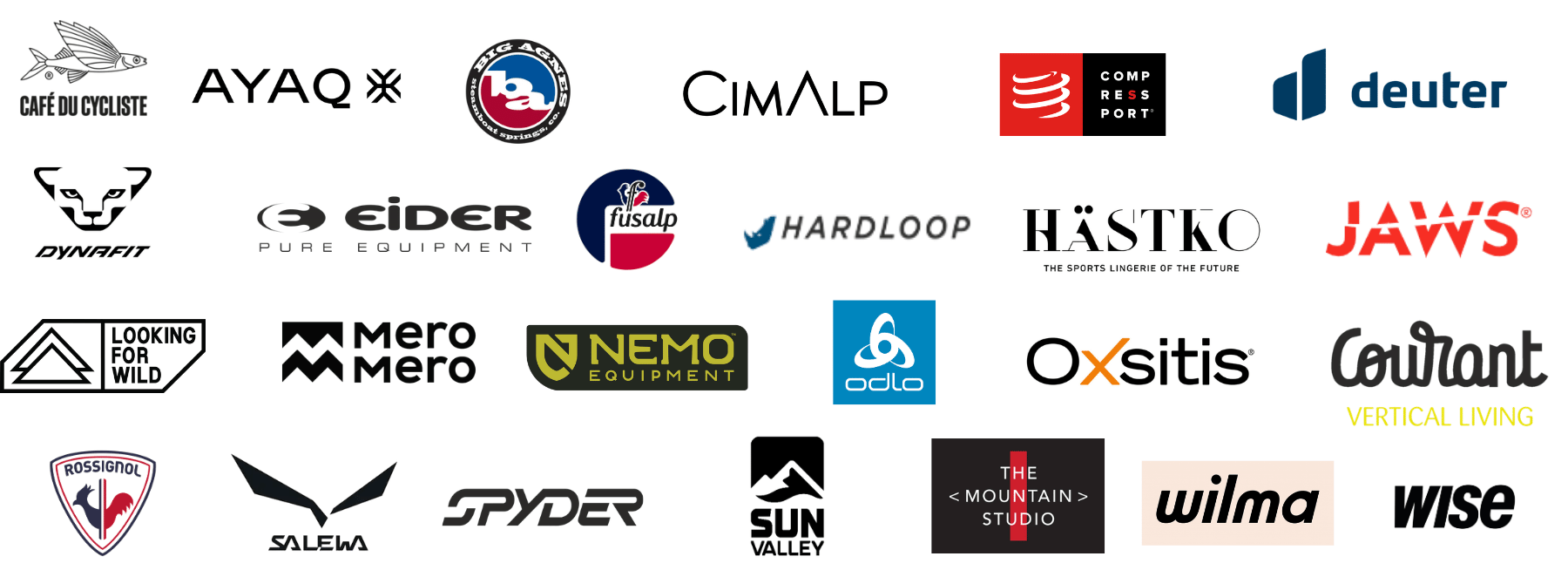 Bandeau affichant les logos des marques partenaires de vêtements techniques comme Fusalp, Salewa, Dynafit, Cimalp et Wise qui confient leurs réparations à l'atelier Goodloop